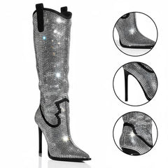 Tuhoomall Knee-High Stiletto Boots for Parties, Fashion Shows, Pointed Toe Design with Rhinestones, Slip-On, Faux Suede, Glamorous Look, All Seasons Tuhoomall