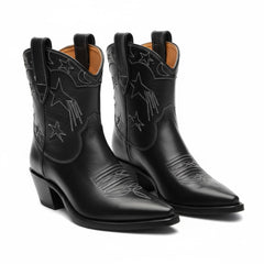 Tuhoomall Western Cowboy Ankle Boots for Women, Vegan Leather, Chunky 2" Heel, Snip Toe Design, Stylish Star Appliqué, All-Season Fashion