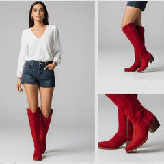 Tuhoomall Faux Suede Knee High Western Boots with Embroidered Eagles for Fashion, Travel, and Parties, 2.36 in Chunky Heel