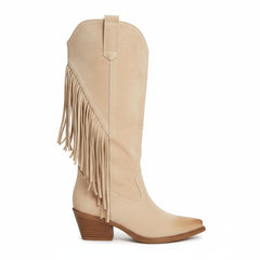 Tuhoomall Western Style Mid-Calf Boots with Tassels, Casual Fashion Footwear, Chunky Heel, Faux Suede, Zipper Closure, All-Season Design