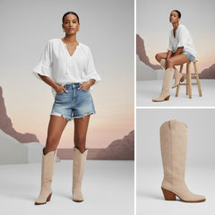 Tuhoomall Western Mid Calf Boots With Floral Embroidery And Rhinestones, Casual Style For Parties And Travel, Comfortable Rubber Sole, Chunky Heel 3.00 in