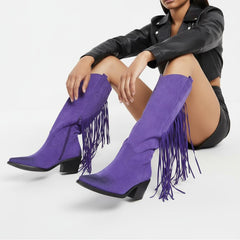 Tuhoomall Western Style Mid-Calf Boots with Tassels, Casual Fashion Footwear, Chunky Heel, Faux Suede, Zipper Closure, All-Season Design
