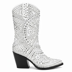 Tuhoomall Western Style Chunky Heel Boots for Women, 10cm Faux Suede with Rivet and Rhinestone Accents, Easy Zipper Closure for Parties and Performances