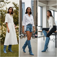 Tuhoomall Slouch Mid Calf Boots For Parties & Performances, Pointed-Toe, Flared Heel, Classic Denim Design, 3.54 in Heel Height