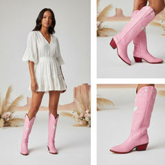 Tuhoomall Western Knee High Boots With Rubber Sole, 5cm Chunky Heel, Embroidered Sweet Pink Hearts For Casual Fashion All Year Round