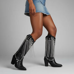 Tuhoomall Chunky Heel Western Rhinestone Booties with Fringes for Fashion Events, Pointed Toe, Slip-On Style, All-Day Comfort, Eye-Catching Design