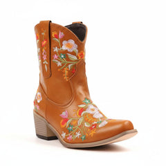 Tuhoomall Stylish Western Ankle Boots with Floral Embroidery, Rubber Sole, Chunky 5cm Heel for Classic and Casual Looks