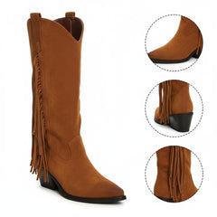 Tuhoomall Western Style Mid-Calf Boots with Tassels, Casual Fashion Footwear, Chunky Heel, Faux Suede, Zipper Closure, All-Season Design