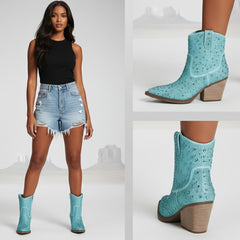 Tuhoomall Western Style Rhinestone Ankle Boots with Zipper Closure - Fashionable Suede Upper and Rubber Sole, Perfect for All Seasons