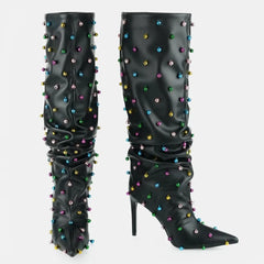 Tuhoomall Wrinkled Western Knee High Boots for Women with Pointed Toe, Sparkling Accents, Ideal for Fashionable Casual Outdoor Wear Tuhoomall