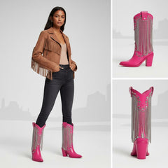 Tuhoomall Chunky Heel Western Rhinestone Booties with Fringes for Fashion Events, Pointed Toe, Slip-On Style, All-Day Comfort, Eye-Catching Design