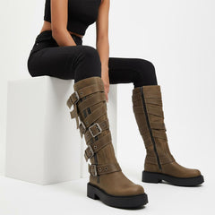 Tuhoomall Retro Chunky Knee-High Boots For Women, Comfortable Round Toe, Zipper Closure, Studded Design, Stylish Casual Footwear