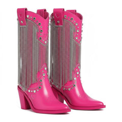 Tuhoomall Chunky Heel Western Rhinestone Booties with Fringes for Fashion Events, Pointed Toe, Slip-On Style, All-Day Comfort, Eye-Catching Design