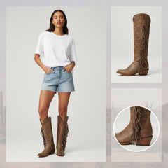 Tuhoomall Fringe Western Knee High Boots for Women, Soft Vegan Suede, Embroidered Design, Perfect for Vintage, Casual, and Party Wear