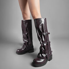 Tuhoomall Stylish Knee-High Boots for Women - Comfortable PU Leather, Low Chunky Heel, Adjustable Buckle for Casual and Formal Wear