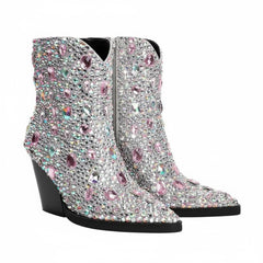 Tuhoomall Pointed-Toe Chunky Heel Ankle Booties with Rhinestones for Fashionable Ballroom Dance - Slip-On Design, 3.00 in Heel Height