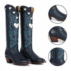 Tuhoomall Western Knee High Boots With Rubber Sole, 5cm Chunky Heel, Embroidered Sweet Pink Hearts For Casual Fashion All Year Round