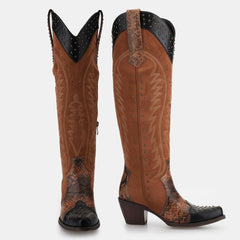 Tuhoomall Western Cowgirl Knee-High Boots, Snip-Toe Chunky Heel, Animal Print, Stylish Faux Suede, Easy Zip Closure Tuhoomall
