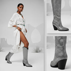 Tuhoomall Shiny Rhinestone Knee-High Boots for Parties and Performances, Stylish Pointed Toe Design, 9cm Chunky Heel, All-Season Wear