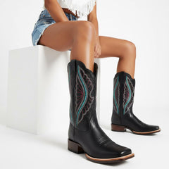 Tuhoomall Western Mid Calf Boots For Women, Chunky Heel, Square Toe, Embroidered Design, Slip-On, Fashion Casual, All Season, Rubber Sole