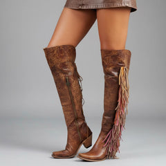 Tuhoomall Western Over Knee Boots with Fringe and Heart Pattern, Block Heel 2.76in, Zipper Closure, Faux Suede for Fashionable Boho Lifestyle