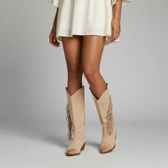 Tuhoomall Western Style Mid-Calf Boots with Tassels, Casual Fashion Footwear, Chunky Heel, Faux Suede, Zipper Closure, All-Season Design