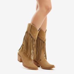 Tuhoomall Comfortable Western Knee-High Boots for Parties and Outdoor Activities with Fringe Embroidery, Rubber Sole, and 7.5cm Chunky Heel