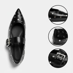 Tuhoomall Comfortable Pointed-Toe Flat Shoes with Adjustable Buckle for Casual Party Style - Studded Genuine Leather Upper, Rubber Sole