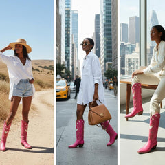 Tuhoomall Western Knee High Boots With Rubber Sole, 5cm Chunky Heel, Embroidered Sweet Pink Hearts For Casual Fashion All Year Round