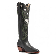 Tuhoomall Western Knee High Boots With Rubber Sole, 5cm Chunky Heel, Embroidered Sweet Pink Hearts For Casual Fashion All Year Round