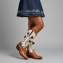 Tuhoomall Western Cowboy Boots for Women, Comfortable Floral Embroidered Mid-Calf Booties for Parties, Casual Wear and Events