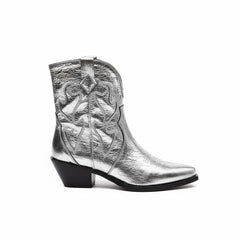 Tuhoomall Western Ankle Booties with Snip-Toe and Chunky Heel for Fashion Casual Parties, Embroidery Design with Metallic Inlay, Slip-On Style Tuhoomall