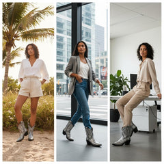 Tuhoomall Metallic Western Ankle Boots for Women - Stylish Slip-On Design with Embroidered Floral Pattern, Casual All-Season Footwear