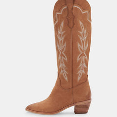 Tuhoomall Embroidered Mid Calf Boots Pointed Toe Zipper Chunky Heeled Western Boots