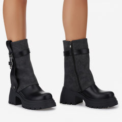 Tuhoomall Fashion Women's Foldable Knee-High Boots with Round Toe and Thick Heels, Stylish Metal Buckle for Parties and Performances Tuhoomall