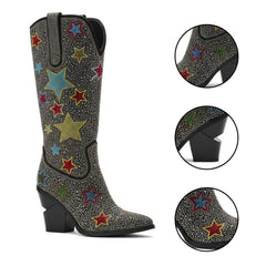 Tuhoomall Comfortable Low Heeled Suede Ankle Boots with Rhinestones for Parties and Performances