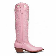 Tuhoomall Western Knee High Boots With Rubber Sole, 5cm Chunky Heel, Embroidered Sweet Pink Hearts For Casual Fashion All Year Round
