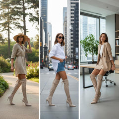 Tuhoomall Knee-High Boots For Bridal Occasion, Pointed-Toe Stiletto Heel, Lace-Up Design, Solid Color, 4" Heel Height, All-Season Wear