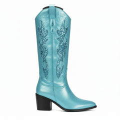 Tuhoomall Comfortable Western Boots with Sequins and Floral Design for Stylish Parties, Runway Shows, and Casual Outings - Knee-High Chunky Heel