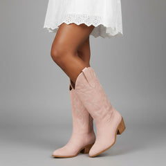 Tuhoomall Western Chunky Heel Women's Cowboy Boots, Comfortable Slip-On, Retro Embroidered Design, Non-Slip Sole for Travel and Casual Wear