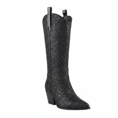 Tuhoomall Western Block Heel Ankle Boots with Glitter Detail, 2.50 in Heel Height, Stylish for Parties and Performances, Faux Leather Lining