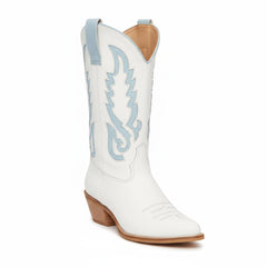 Tuhoomall Western Cowboy Boots for Women, Chunky Heel, Pointed Toe, Slip-On Design, Embroidered Detail, Casual Style, Year-Round Versatility