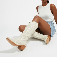 Tuhoomall Stylish Western Mid-Calf Boots for Women - Embroidered Vegan Leather, 2.76in Low Chunky Heel, Perfect for Year-Round Casual Wear