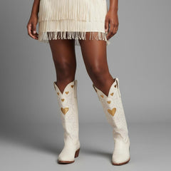 Tuhoomall Western Knee High Boots With Rubber Sole, 5cm Chunky Heel, Embroidered Sweet Pink Hearts For Casual Fashion All Year Round