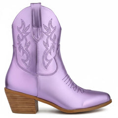 Tuhoomall Western Ankle Boots with Embroidered Pattern, 5cm Chunky Heel, Slip-On Design for Fashion and Travel, Durable Synthetic Fabric Lining