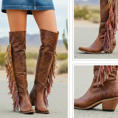 Tuhoomall Western Over Knee Boots with Fringe and Heart Pattern, Block Heel 2.76in, Zipper Closure, Faux Suede for Fashionable Boho Lifestyle
