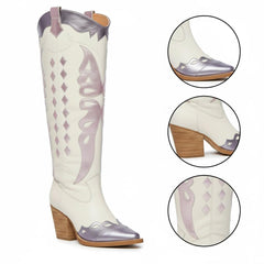 Tuhoomall Western Cowgirl Mid Calf Boots with Snip-Toe and Chunky Heel for Fashion Parties and Performances, Animal Pattern, Metallic Bright Surface