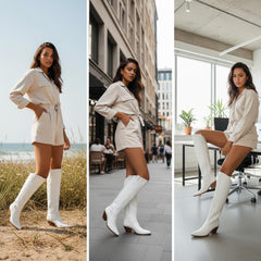 Tuhoomall Western Over-the-Knee Boots with Chunky Heel, Embroidered Vegan Leather for Fashionable Travel & Classic Style, Thigh-High Solid Color Design