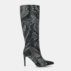 Tuhoomall Western Style Knee-High Glittering Stiletto Boots for Parties and Performances with Rhinestones and Geometric Patterns Tuhoomall