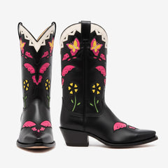 Tuhoomall Western Floral Embroidered Mid-Calf Boots - Slip-On Design, 5cm Chunky Heel, Perfect for Parties and Casual Outings Tuhoomall